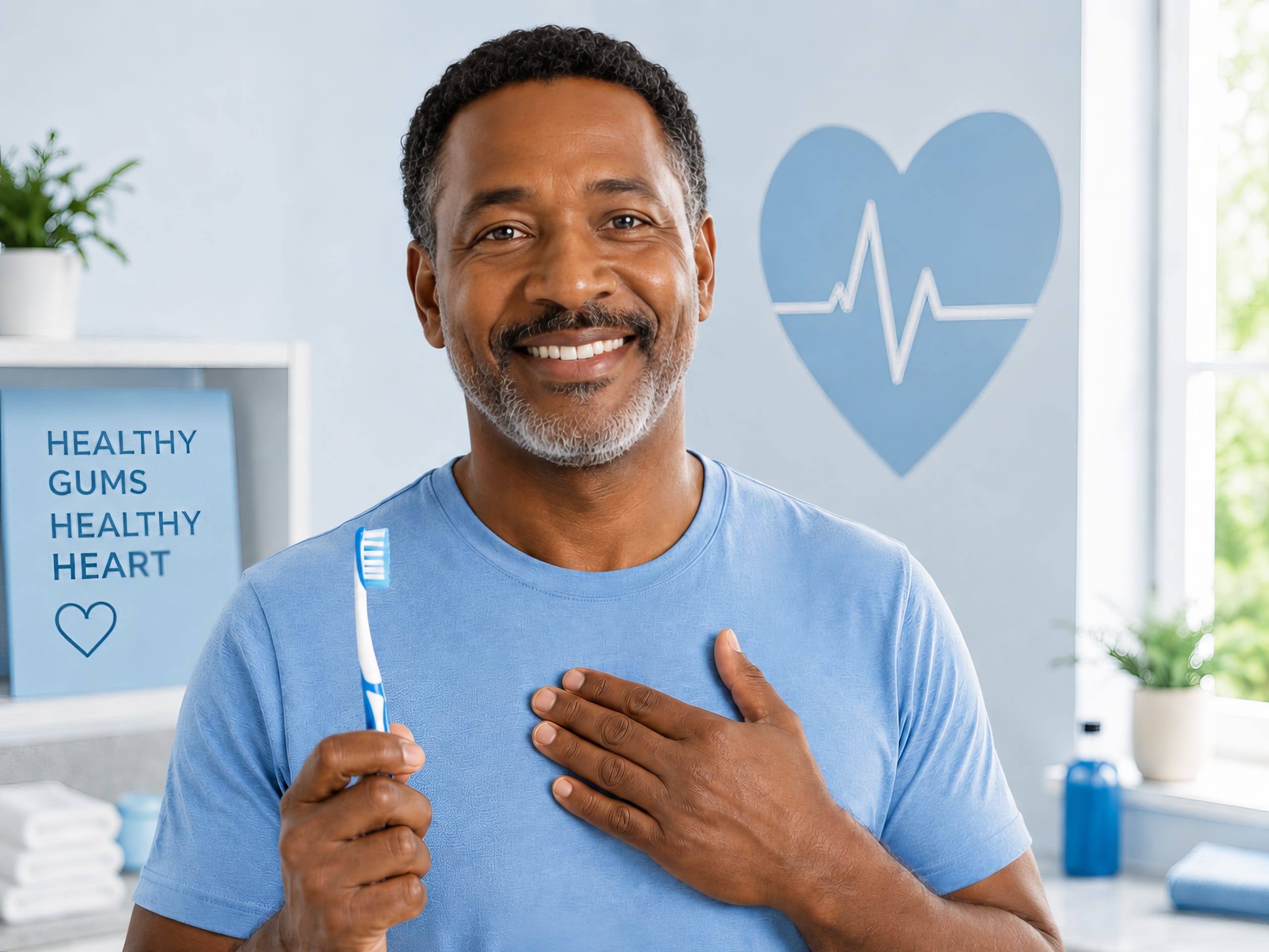 Middle-aged man smiles while holding a toothbrush and placing a hand over his heart, highlighting the connection between healthy gums and heart health.