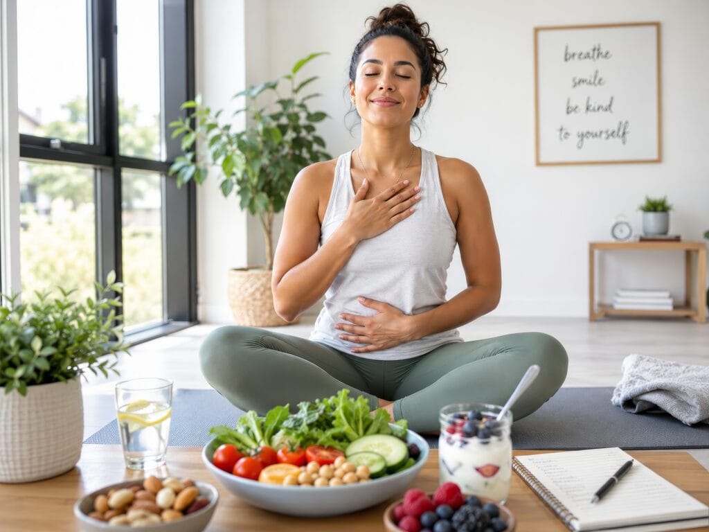 Woman practices calm breathing on a yoga mat with healthy foods nearby, including salad, fruit, nuts, yogurt, and water.