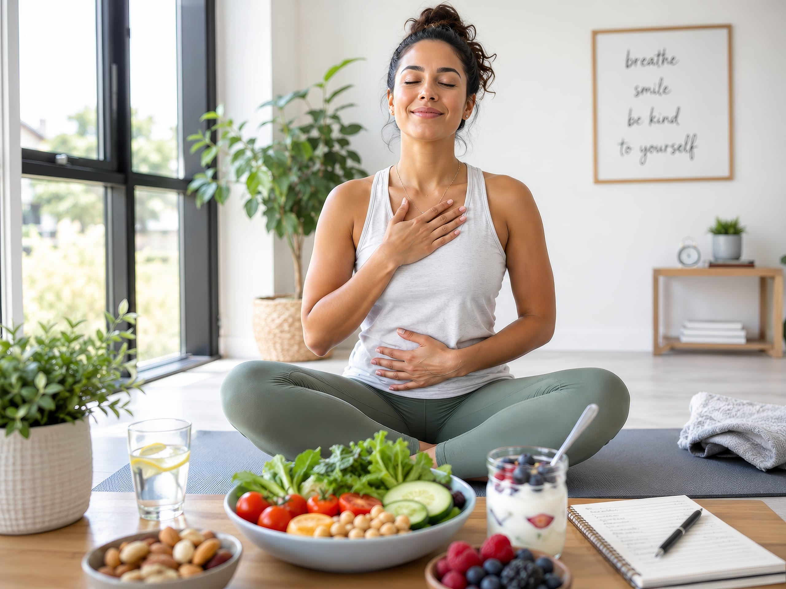 Woman practices calm breathing on a yoga mat with healthy foods nearby, including salad, fruit, nuts, yogurt, and water.