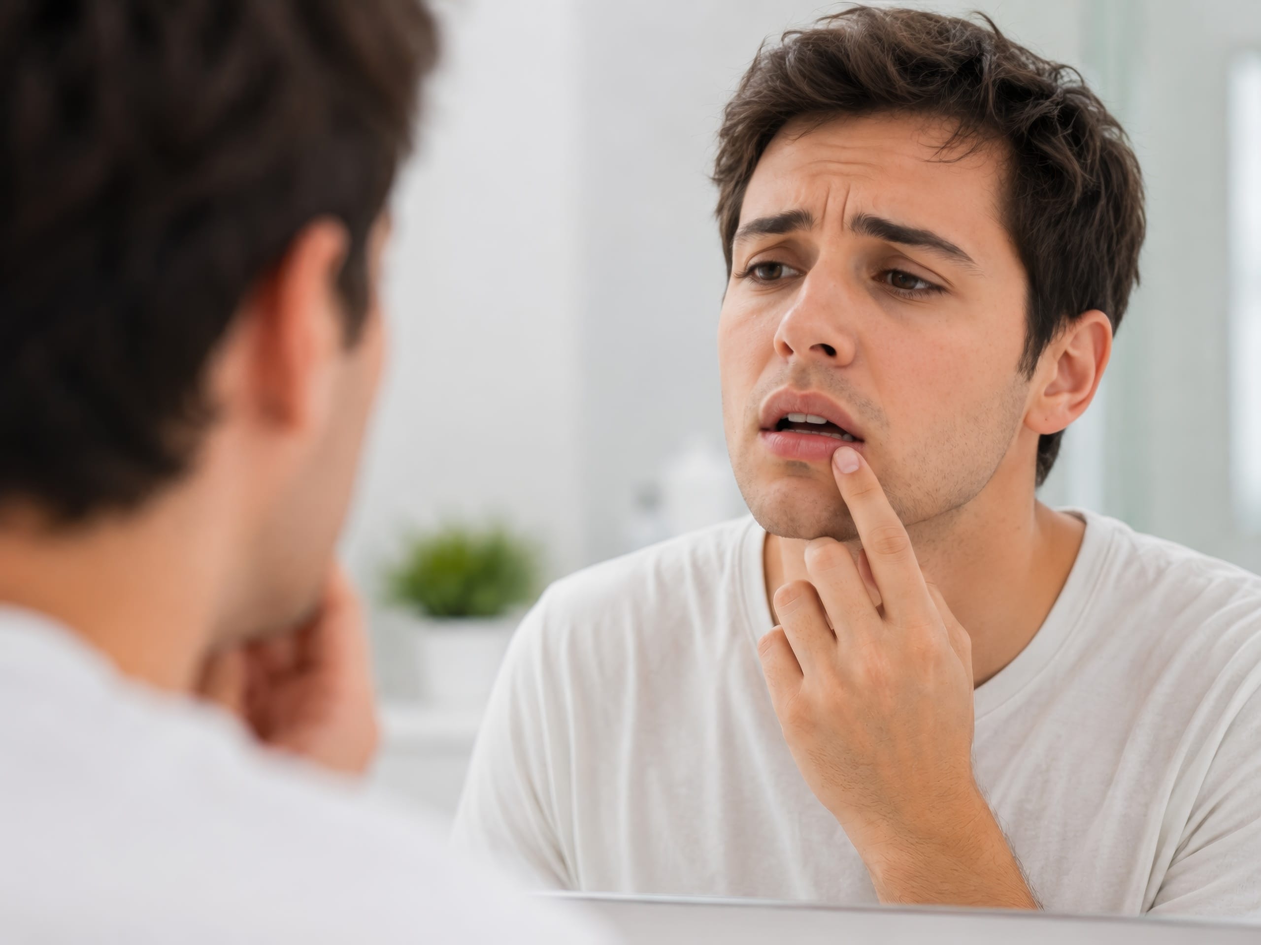 Man looks in a mirror with a concerned expression while gently touching his lower lip, suggesting discomfort from a mouth sore.