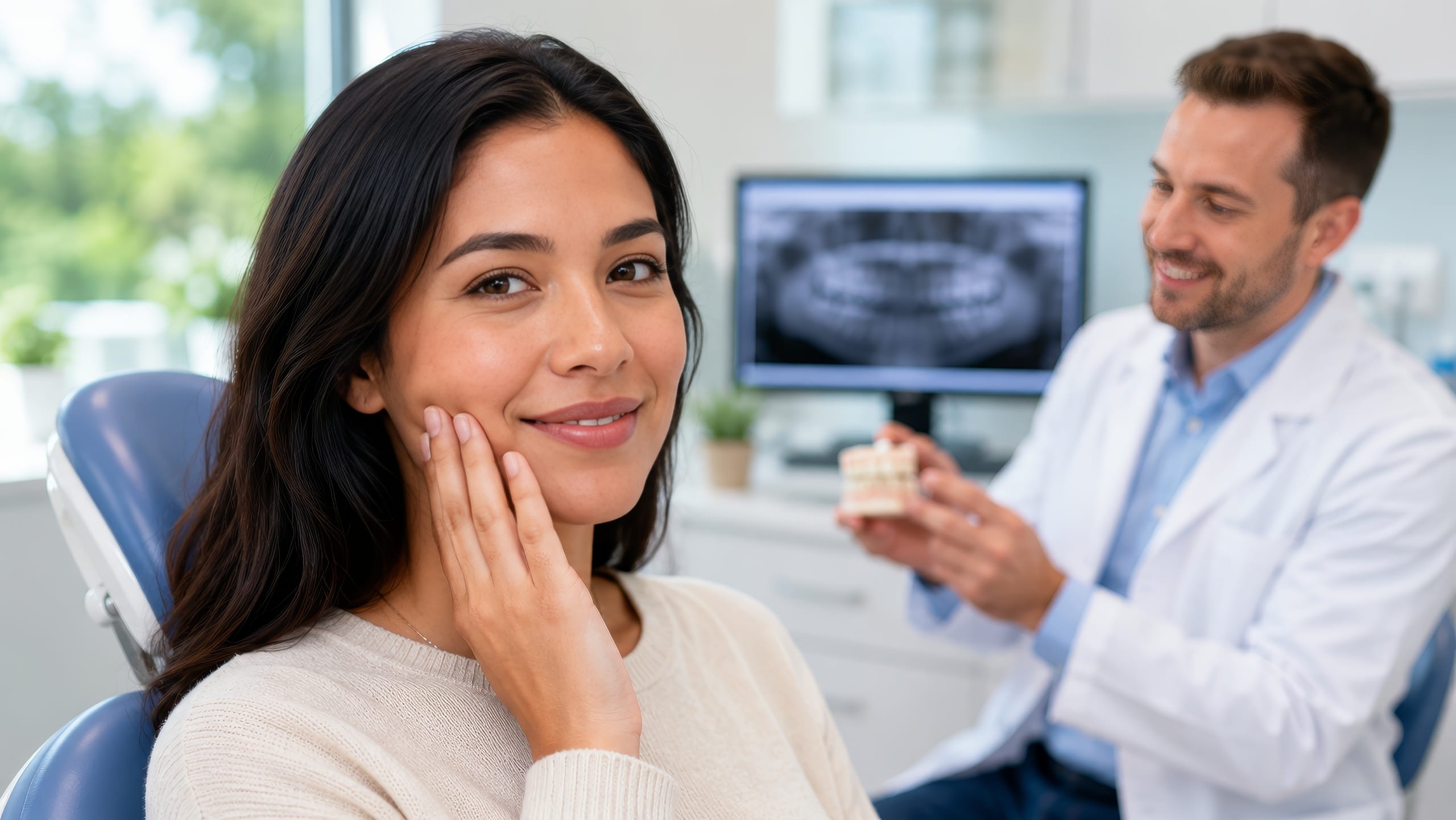 Adult patient smiling gently and touching her cheek during a dental consultation, while a dentist reviews a tooth model beside a digital dental X-ray in the background.
