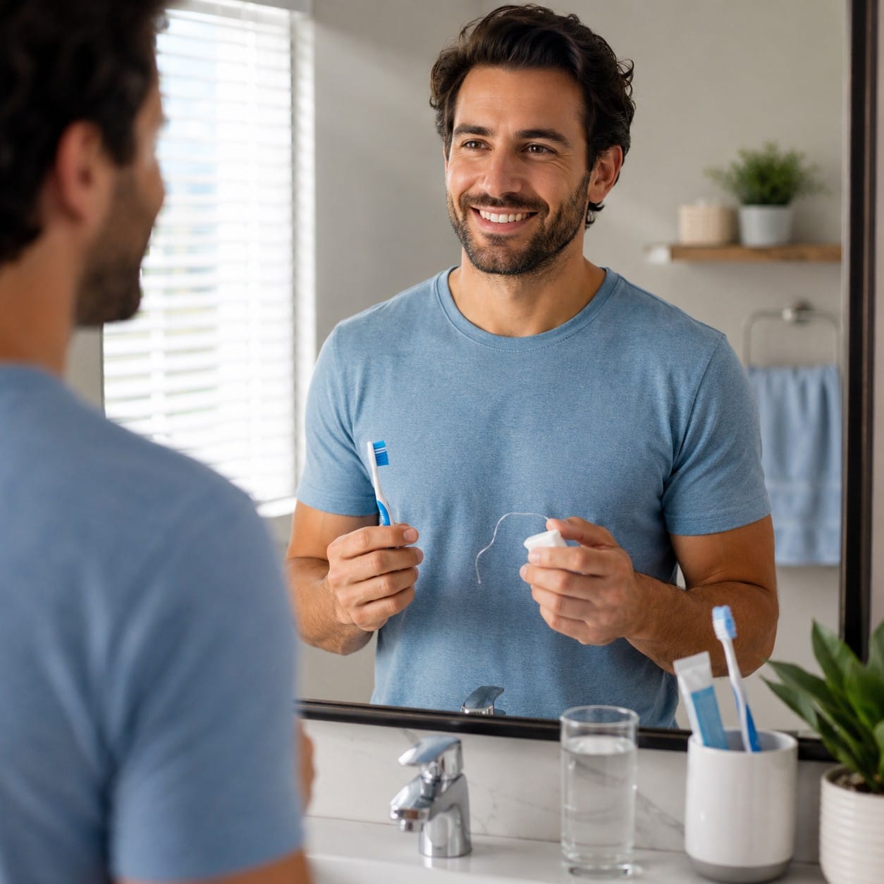 Smiling adult standing in a bright modern bathroom, holding a toothbrush and dental floss in front of a mirror, with toothpaste, a glass of water, and a toothbrush holder on the counter.