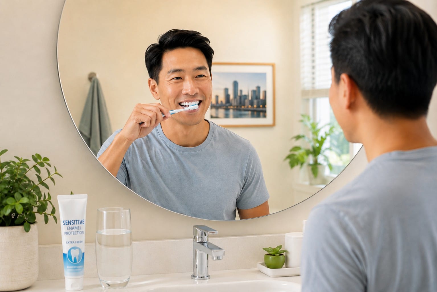 Man brushing his teeth in a bright bathroom mirror with enamel protection toothpaste, a glass of water, plants, and a cityscape picture in the background.