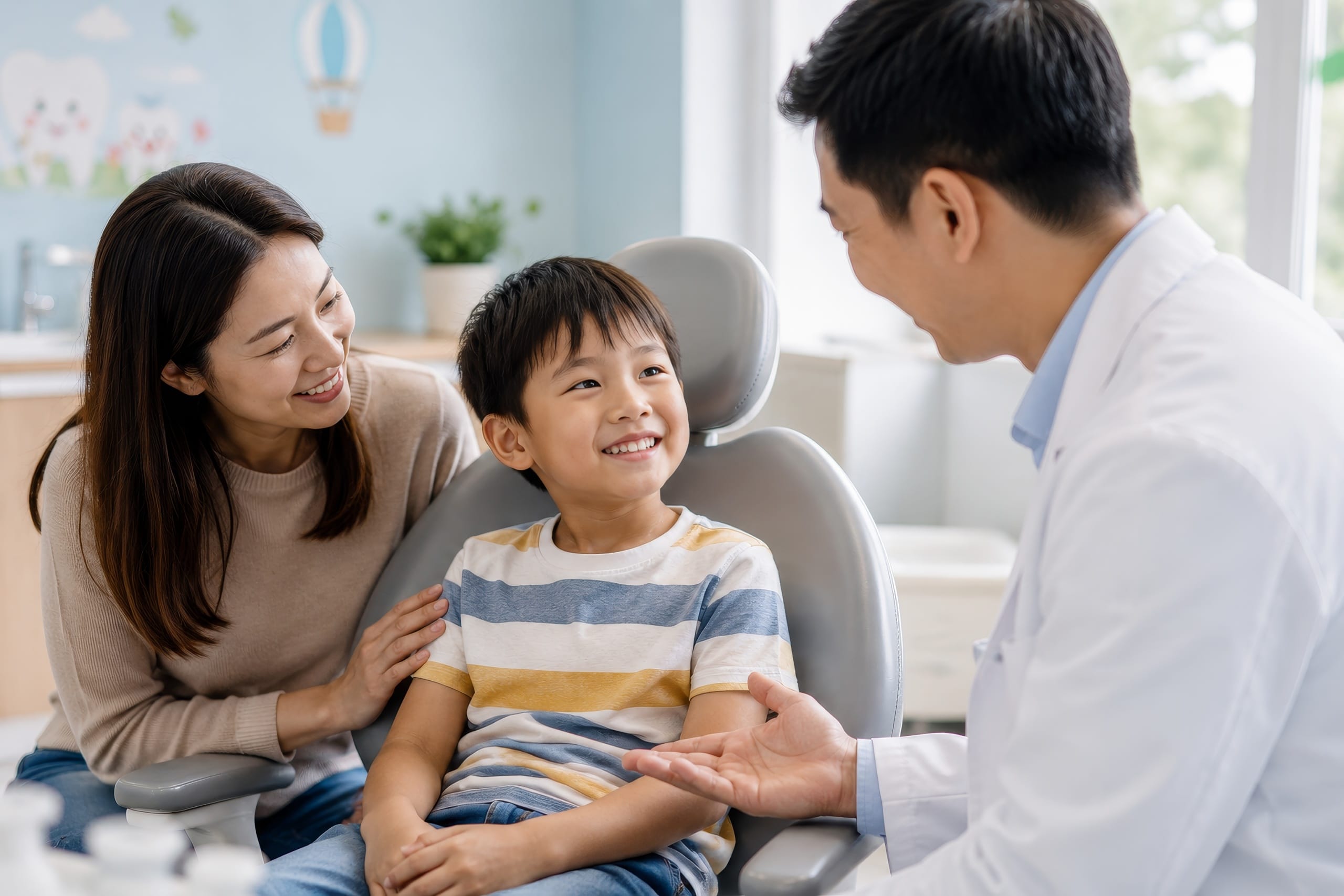 Children’s Tooth Extraction Young child sitting comfortably in a dental chair smiles at a friendly dentist speaking at eye level, while a reassuring parent sits nearby with a hand on the child’s shoulder in a bright, child-friendly dental office.