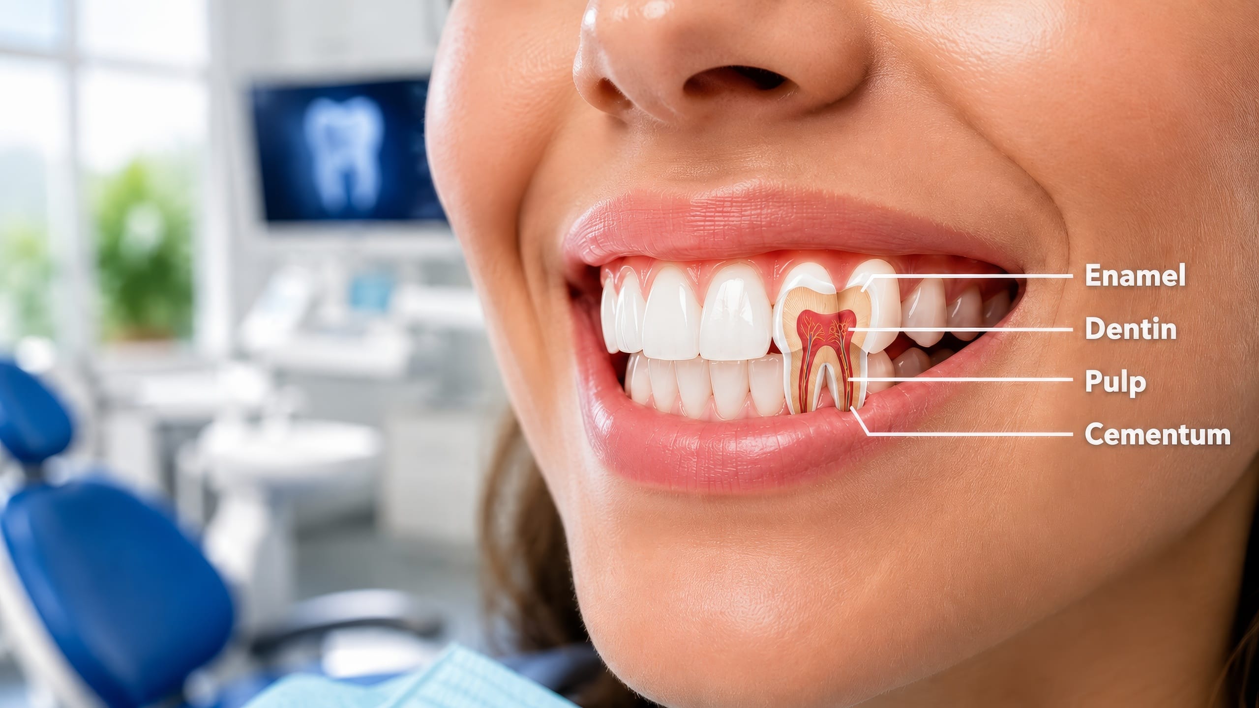 Understanding Tooth Anatomy Close-up of a healthy smile with a labeled tooth cutaway showing the enamel, dentin, pulp, and cementum layers in a bright dental clinic.