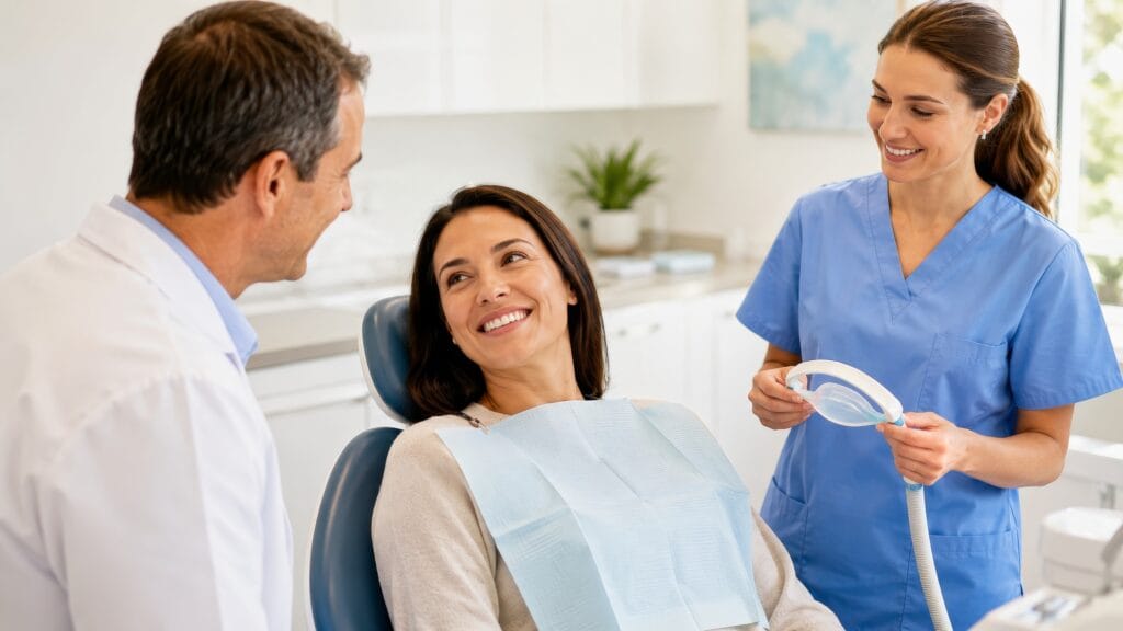 Relaxed dental patient speaking with a reassuring dentist while an assistant holds a nitrous oxide mask in a bright, modern dental office.