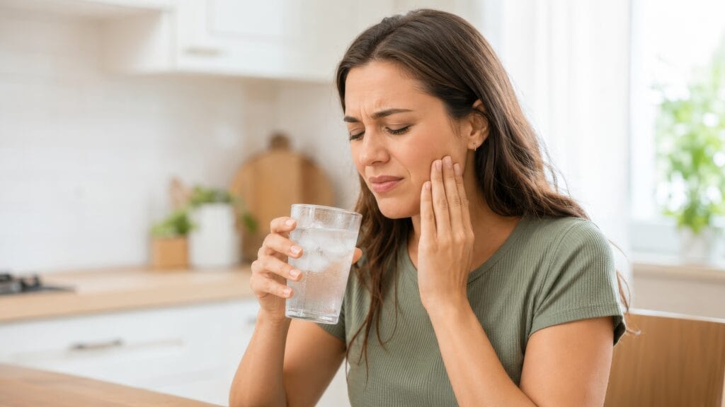 Adult woman touching her cheek after drinking ice water, experiencing sudden tooth sensitivity in a bright, modern kitchen.