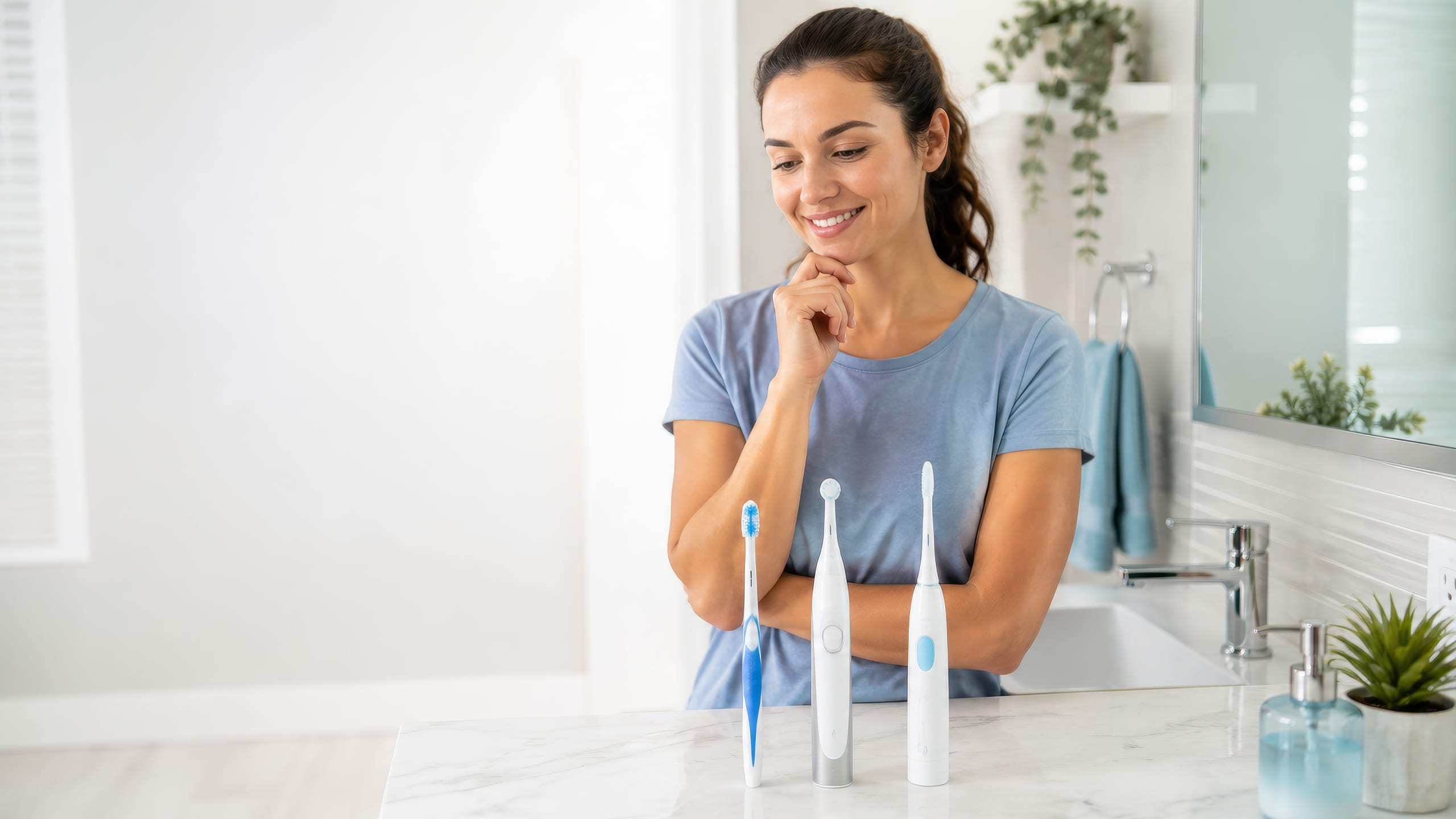 Toothbrush Choices Smiling woman comparing a manual toothbrush, round-head electric toothbrush, and sonic toothbrush on a clean bathroom counter.