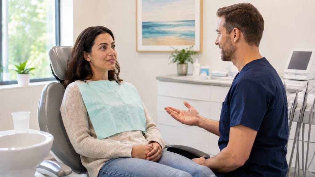Male dental professional calmly speaking with a seated patient in a bright, modern exam room, with a framed beach picture adding a warm, inviting touch.