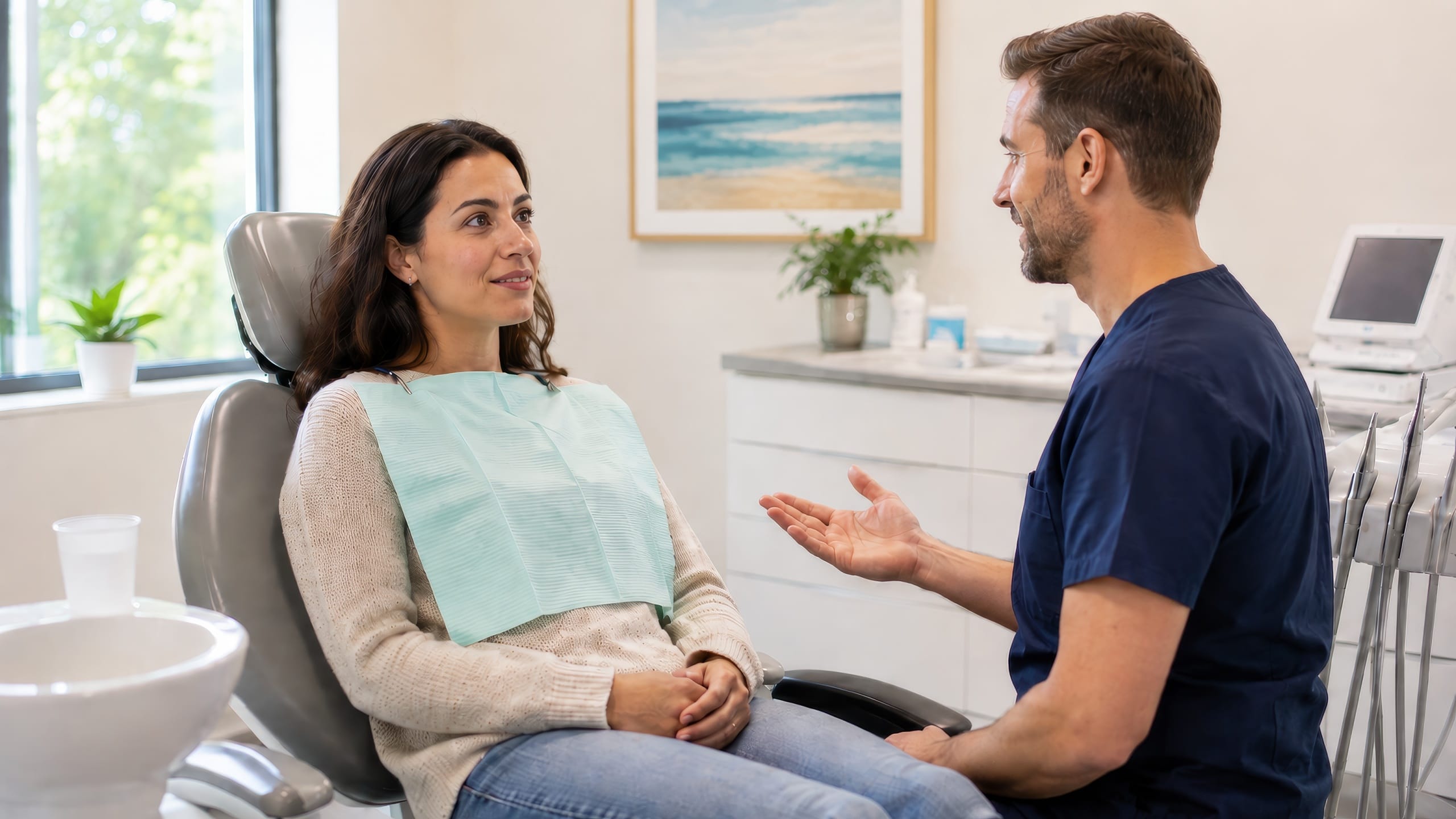 Dental Anxiety Male dental professional calmly speaking with a seated patient in a bright, modern exam room, with a framed beach picture adding a warm, inviting touch.